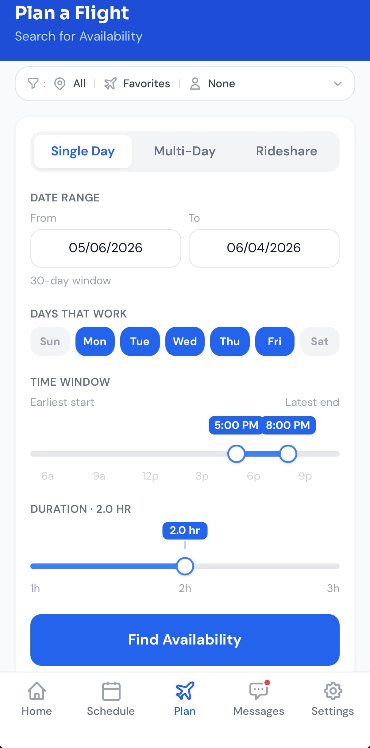 Plan a Flight search screen showing aircraft filter, Single Day mode, date range, day-of-week chips, time window slider, duration slider, and Find Availability button