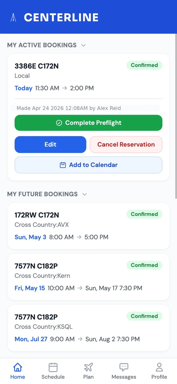 Centerline dashboard showing upcoming and past bookings