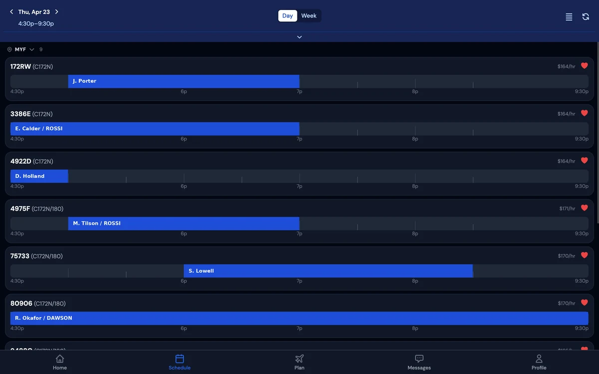 Centerline schedule view in dark mode on a desktop browser