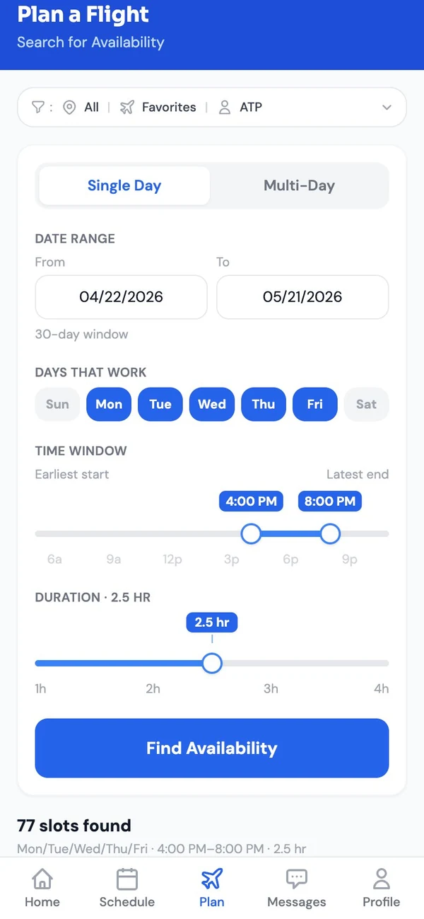 Centerline Plan a Flight screen with date range, day-of-week selector, time window, and duration sliders