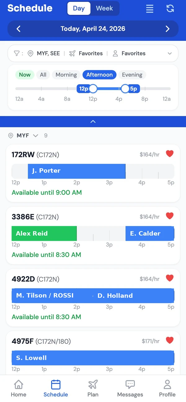Centerline schedule view showing the day's bookings across the club's fleet